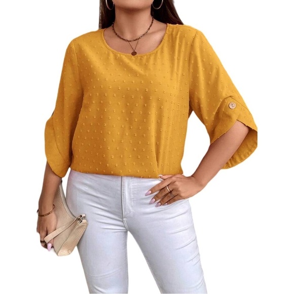 Women’s Plus Size Mustard Yellow Swiss Dot Flare Short Sleeve Blouse Top - Picture 5 of 14